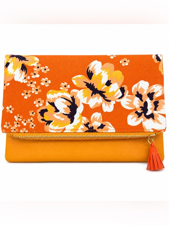 Handbags - Orange and Mustard Yellow Floral Foldover Clutch